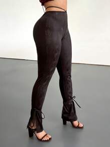 SHEIN SXY Women's Sexy & Elegant Animal Print High Waist Tie Waist PU Leggings - Black - View 4