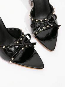 CUCCOO SZL New Fashionable Versatile Rhinestone Bowknot Strap Stiletto High Heel Sandals Spring Shoes Spring Break Easter Prom Heels - Black - View 3