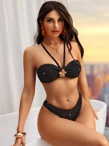 Women Metallic Floral Bandeau Bikini Set Summer