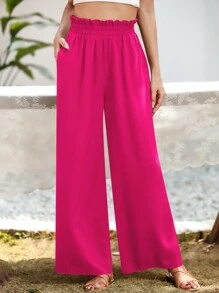 SHEIN LUNE Paperbag Waist Wide Leg Pants - Hot Pink - View 3