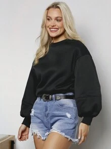 SHEIN LUNE Women's Casual Versatile Lantern Sleeve Black Sweatshirt