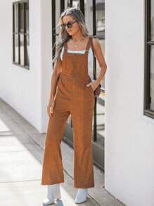 SHEIN LUNE Mono casual de mujer con cremallera frontal y cinturón de cuerda marrón