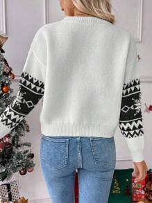 SHEIN LUNE Sweter z nadrukiem płatków śniegu w stylu świątecznym, z odkrytymi ramionami, okrągłym dekoltem i długim rękawem