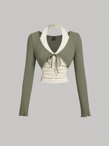 SHEIN MOD Green 2-In-1 Mock Neck Long Sleeve T-Shirt