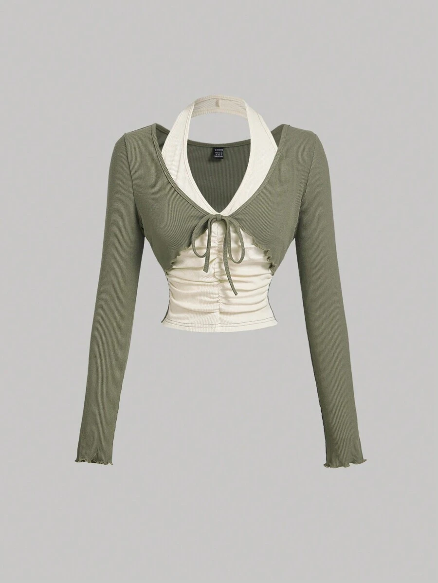 SHEIN MOD Green 2-In-1 Mock Neck Long Sleeve T-Shirt