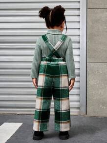 SHEIN 年轻女孩都市时尚派对褶皱领长袖针织上衣和纯色网格印花吊带裤套装 - 綠色 - 查看 2