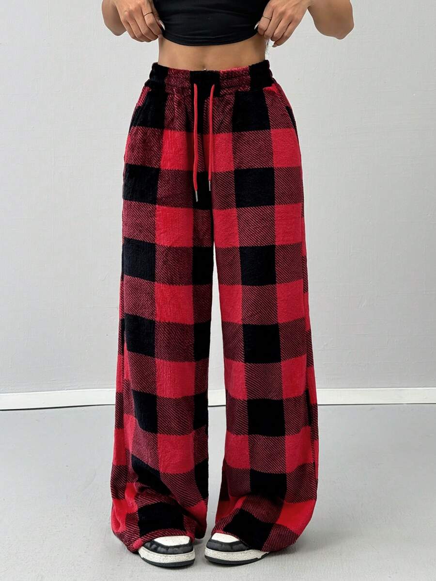 Coolane Women's Casual Front Tie Plaid Pocket Trousers - Multicolor - View 1