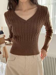 DAZY Women's V-Neck Short Cable Knit Pullover Sweater,Fall Clothes - Chocolate Brown - View 1