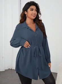 Firerie Plus Size Plain Button-Front Long Sleeve Tie Waist Casual Shirt Spring To Summer - Dusty Blue - View 5