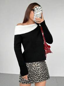 Flirla 1pc Women Multi-Color Shoulder Cutout, Color Block, Sexy, Versatile Sweater Suitable For Party, Photo Taking, Commuting Knit Pullover Fall Winter - Multicolor - View 4