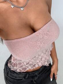 Flirla Elegant Solid Color Lace Wrap Bandeau Top - Baby Pink - View 6