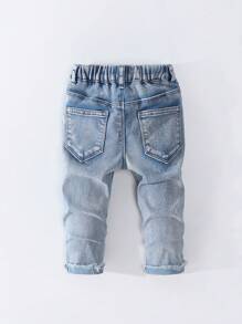SHEIN Toddler Boys' Casual Relaxed Fit Drawstring Waist Distressed Hem Comfortable Washed Denim Jeans, Cool American Street Style 2025 New Arrival - Light Wash - View 2