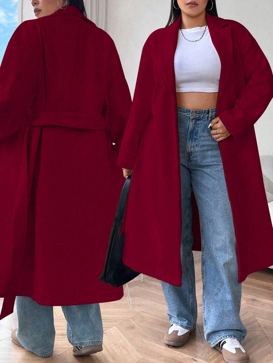 Flirla Plus Size Women Lapel Front Open Drop Shoulder Long Coat With Belt - Burgundy - View 1