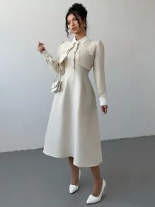 Selianne 女士休闲通勤优雅拼接厚花呢中长长袖连衣裙，秋冬长款女装 - 杏色 - 查看 5