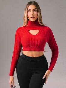 Zolique 女士镂空长袖高领心形镂空套头毛衣，适合新年、性感夜店、节日派对等场合，秋冬季女士针织套头衫。 - 紅色 - 查看 1