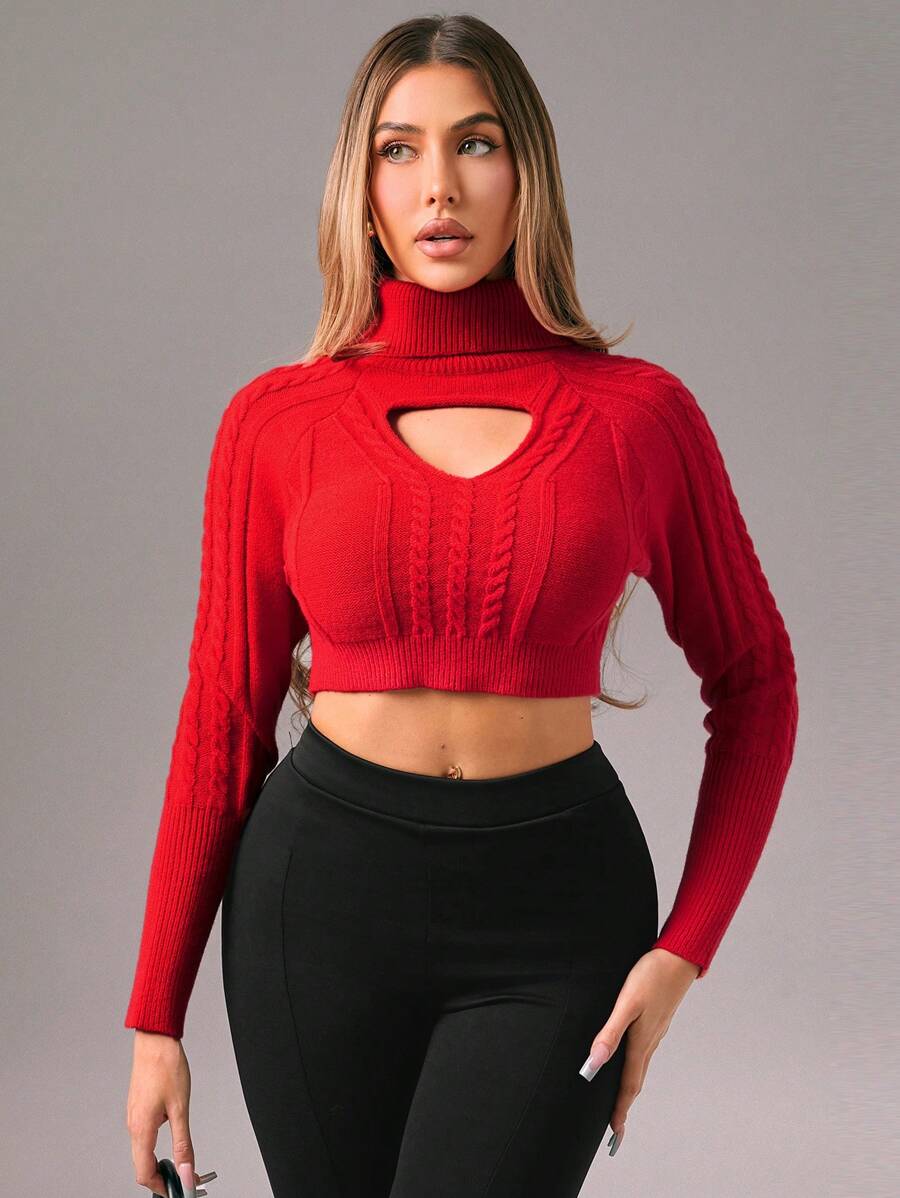 Zolique 女士镂空长袖高领心形镂空套头毛衣，适合新年、性感夜店、节日派对等场合，秋冬季女士针织套头衫。 - 紅色 - 查看 1