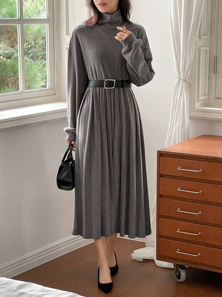 Women Long Pleated Dress (Without Belt),Fall Dress Long Sleeve Dress Maxi Dress