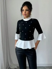 Elenzga Women's Autumn Knit Stretchy Velour Ruffle 3/4 Sleeve Rhinestone Embellished Round Neck Casual Elegant Sweet T-Shirt Graphic Tees Women Tops