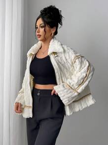 SHEIN Privé Women's Casual Elegant Warm Beige Fluffy Motorcycle Teddy Jacket, Regular Fit, Autumn/Winter