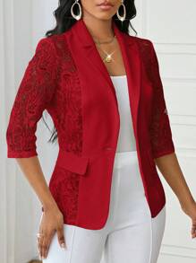SHEIN Lady Plus Size Casual Elegant Contrast Lace Single-Breasted Jacket, Autumn