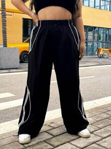 Flirla Pantalones deportivos casuales de talla grande para mujer con cordón y contraste de color