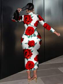 Hourglow Plus Size Casual Minimalist Long Sleeve Big Rose Graphic Round Neck Fitted Dress Fall Chic Dress, For Hourglass Body Shape - Multicolor - View 5