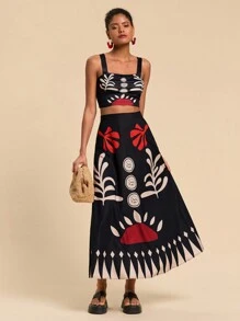 Travachic 2 Pieces Set: Figure-Hugging Print Cropped Knit Tank Top & High-Waisted Mini Skirt For Women - Black - View 6