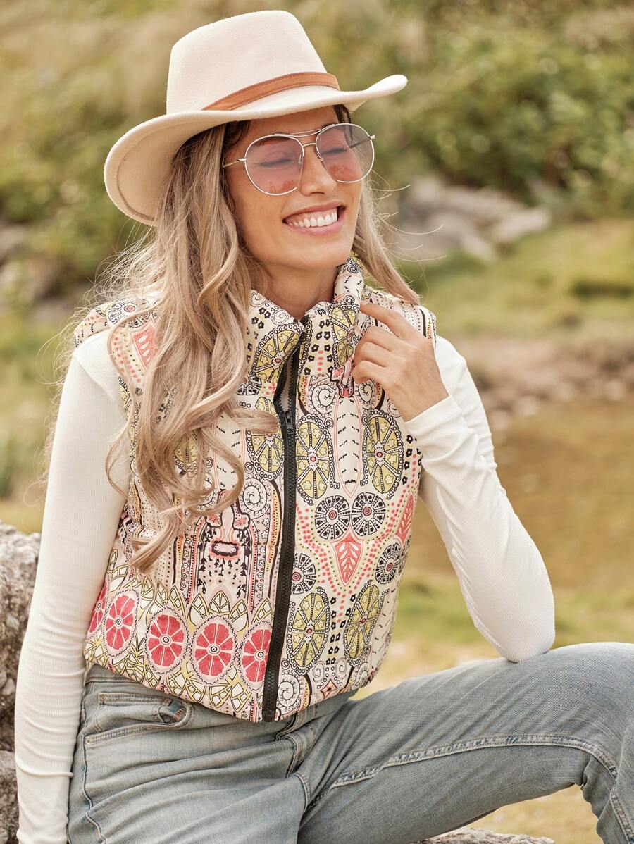 LanaWest 女式前拉链无袖全身印花冬季夹克，适合日常休闲穿着 - 彩色 - 查看 1