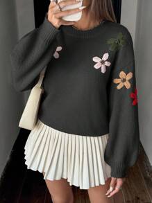 Chiquease Women's Handmade Embroidered Floral Round Neck Dropped Shoulder Long Sleeve Loose Sweater - Black - View 1