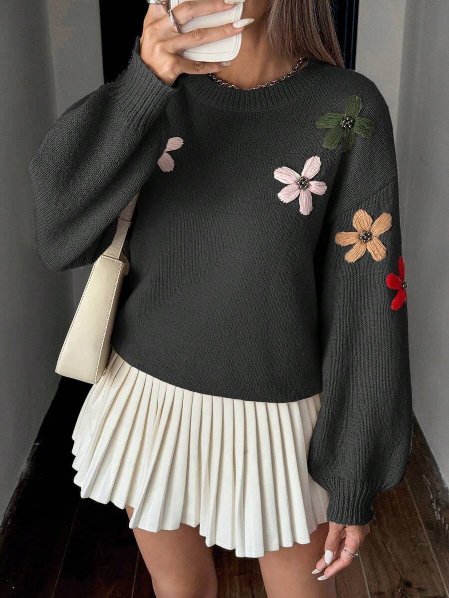 Chiquease Women's Handmade Embroidered Floral Round Neck Dropped Shoulder Long Sleeve Loose Sweater - Black - View 1