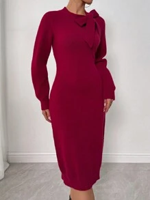 Zolique Gaun Sweater Wanita Kasual Warna Polos dengan Kerah Ikat, Cocok untuk Musim Gugur/Musim Dingin, Pakaian Tahun Baru, Pakaian Musim Gugur untuk Wanita - Merah - View 4