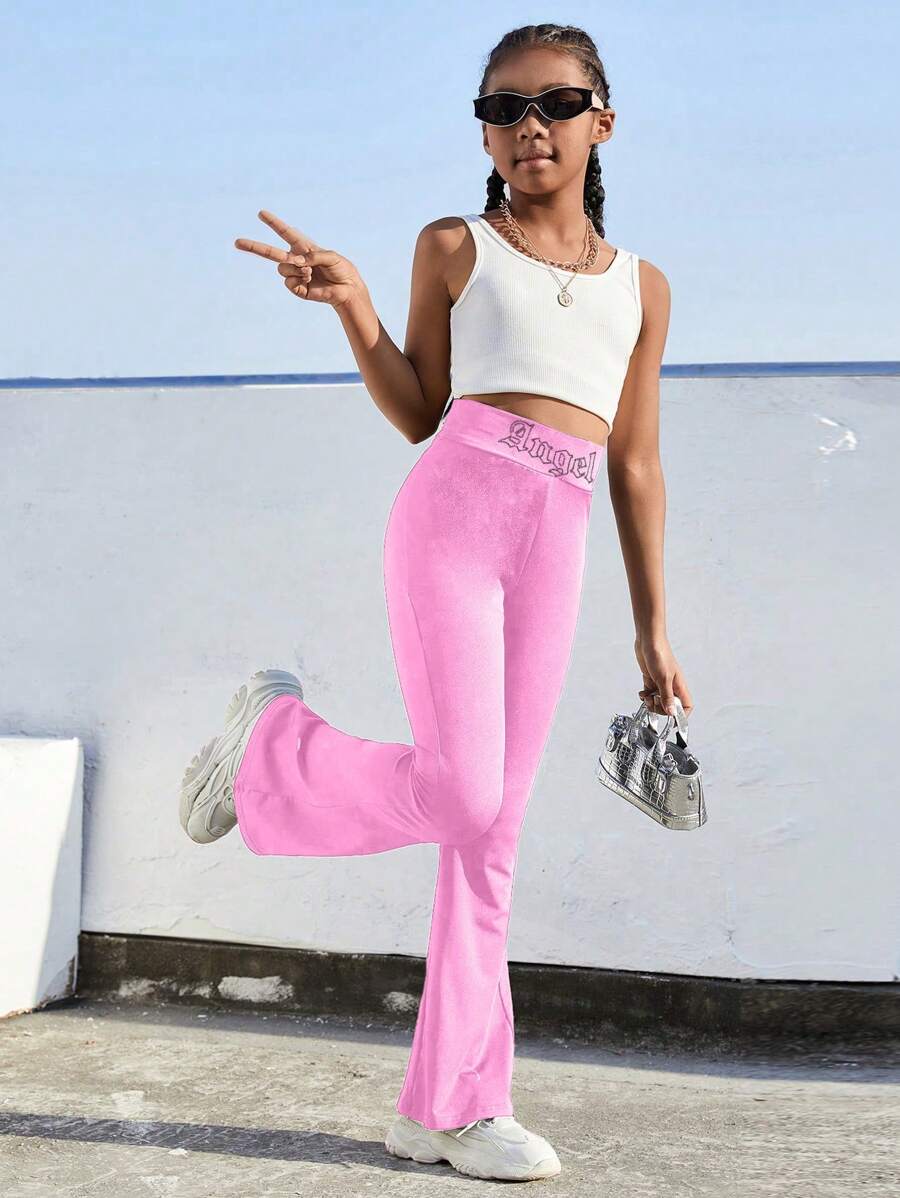 SHEIN Tween Girls Casual Y2K Style Butterfly Rhinestone Embellished Long Pants - Pink - View 1