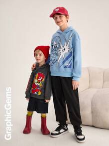 Tween Boys Casual Letter & Cartoon Print Round Neck Drop Shoulder Long Sleeve Hoodie And Pants 2 Pieces Clothes Set, Autumn/Winter