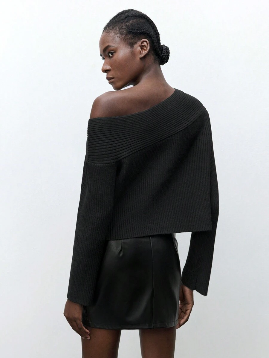 Maija Women's Black Asymmetric Slouchy Shoulder Casual Soft & Comfy Modern Urban Fashion Pullover Long Sleeve Knit Top - Black - View 1