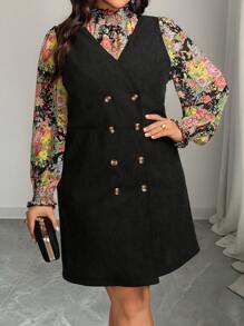 SHEIN Clasi Vestido de manga larga con cuello alto con contraste tejido-tejido y floral para mujer de talla grande, adecuado para Navidad, Halloween, Año Nuevo, Año Nuevo Chino, otoño/invierno