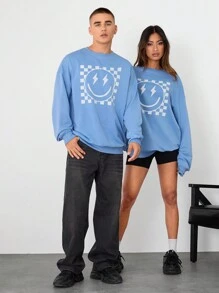 Manfinity Unisex 1pc Oversized, Loose, Drop Shoulder Crew Neck Pullover Sweatshirt, Suitable For Everyday Wear, Light Blue Going Out Crew Neck Graphic Long Sleeve Sweatshirt, For Friends, Husband, Boyfriend Gifts