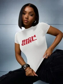 SUMWON WOMEN Rich Girl Statement Crop Top Baby Tee Fitted Short Sleeve Casual Summer Spring Streetwear Fashion Statement Graphic Print Stretchy Modern Contemporary Design - White - View 1