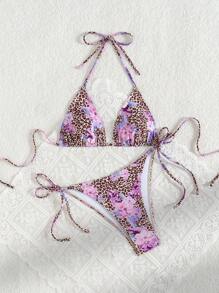 Women's Summer New Sexy Triangle Cup Tied Leopard Print Bikini Set - Multicolor - View 4