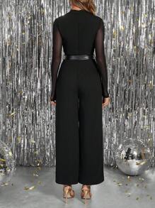 SHEIN Clasi 女士秋冬网眼撞色甜心领口袋阔腿连体裤，黑色，适合通勤、外出、派对（配有 PU 腰带）商务休闲女士新年女装连体裤女士优雅 - 黑色 - 查看 2