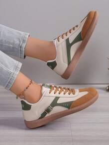 T-Shaped Lace-Up Casual Sneakers, Comfortable & Versatile, Round Toe, Suitable For Commute And Daily Wear, For Young Girl