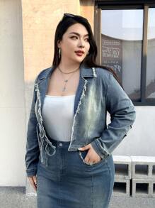 SHEIN EZwear Plus Size Front Tie Long Sleeve Frayed Hem Casual Denim Jacket - Light Wash - View 4