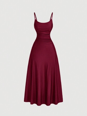 SHEIN MOD Plus Size Women's Solid Color Ruched Waist Flared Hem Spaghetti Strap Dress,Semi Formal Dress,Elegant Tea Party Dress,Flowy Cruise Women Outfits,Birthday Dresses For Women