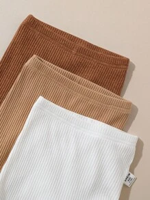 SHEIN 3 件套新生男童女童休闲简约纯色弹力针织紧身裤，舒适 - 棕色 - 查看 4