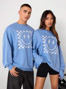 Manfinity Unisex 1pc Oversized, Loose, Drop Shoulder Crew Neck Pullover Sweatshirt, Suitable For Everyday Wear, Light Blue Going Out Crew Neck Graphic Long Sleeve Sweatshirt, For Friends, Husband, Boyfriend Gifts
