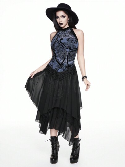 Goth Top halter retro con estampado floral y flecos, estilo sexy de vacaciones para mujeres