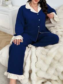 SHEIN Bộ đồ ngủ tay dài phối ren bèo nhún cổ tròn màu tương phản cỡ lớn cho nữ, trang phục ấm áp, quần áo thu đông - Xanh đậm - Xem 3