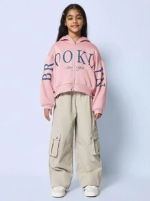 SUMWON Oversized Full Zip Sweatshirt Brooklyn Varsity Letter Print Winter Autumn Streetwear Teen Youth Comfortable Classic Fashion Statement Design Style 2023 - Pink - View 4