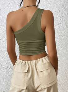 SHEIN EZwear Casual Minimalist Solid Color Gathered Slim Fit Camisole - Army Green - View 2