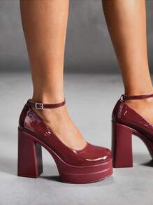 CUCCOO SZL Women's Fashion Wine Red Ankle Strap Platform Chunky High Heel Shoes Spring Shoes Spring Break Easter Prom Heels