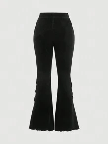 SHEIN MOD Pantalones de terciopelo negro acampanados de talle alto para mujer, pantalones negros para vestir, pantalones de otoño, pantalones para salir, leggings acampanados, sudaderas acampanadas, pantalones de vestir para mujer, pantalones acampanados para mujer, leggings acampanados para mujeres altas - Negro - Ver 2